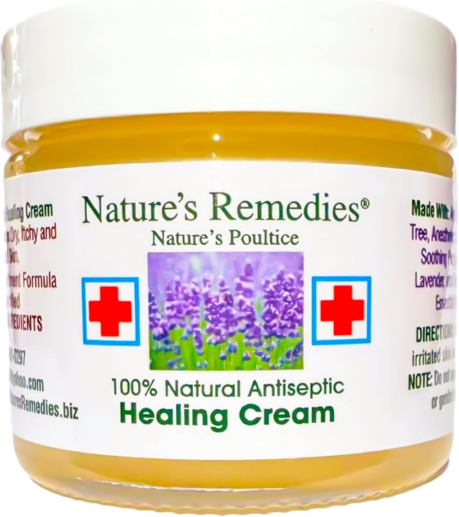 "100% Natural Antiseptic Healing Cream" lieči a upokojuje infikovanú kožu, postieľky, tlakové bolesti, rany, bolestivé vredy, svrbenie, škrabance, vyrážky, rezy, popáleniny, jedovaté Ivy, ekzém, psoriáza 2 oz.