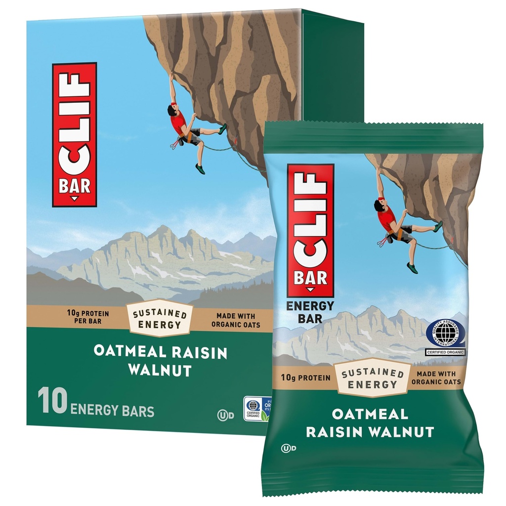 CLIF BAR - Energetické proteínové tyčinky - Ovsená kaša Raisin Walnut - Vyrobené z organického ovsa - Energetické tyčinky - non-GMO - (10 balení)