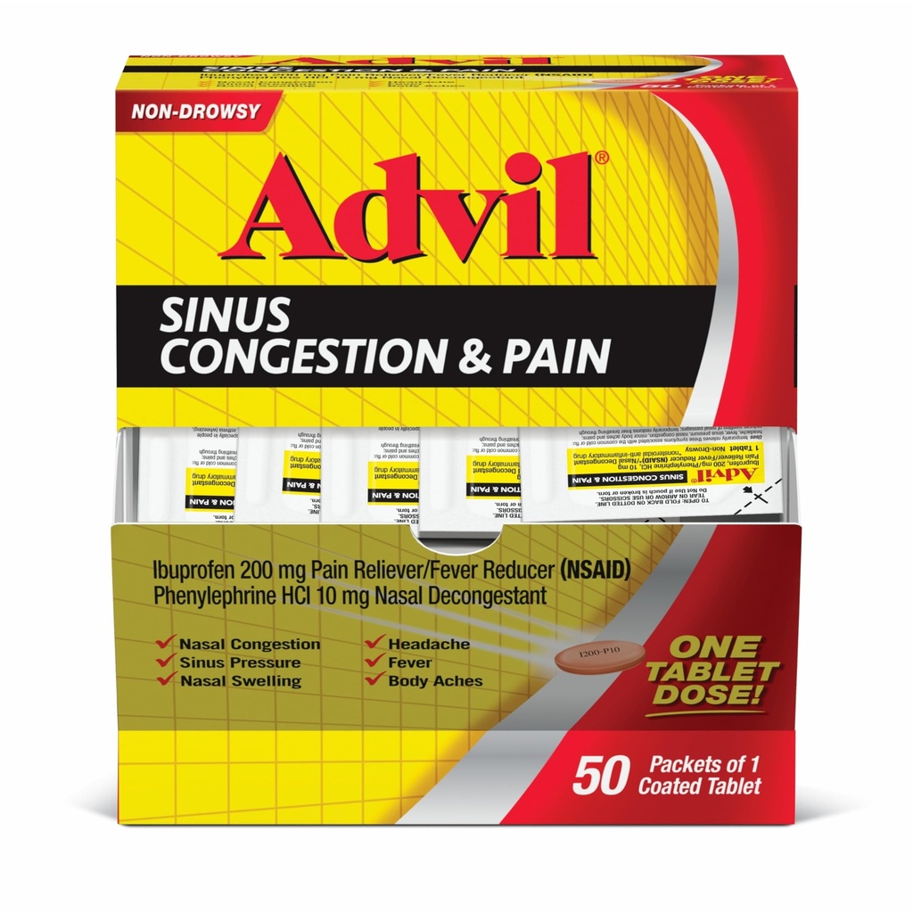 Advil Sinus Kongescia a bolesť, Sinus Relief medicína, bolesť Reliyver a horúčka Redukcia s Ibuprofen a Fenylefrín HCl - 50 obalené tablety