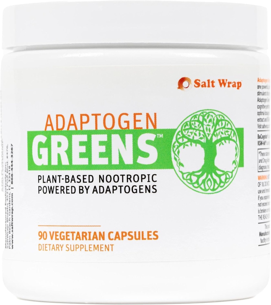 SaltWrap Adaptogen Greens - Mind-Body Resilience Formula - Kofeín-Free Nootropic pre stres, zameranie a kognitívny výkon - 90 Kapsule