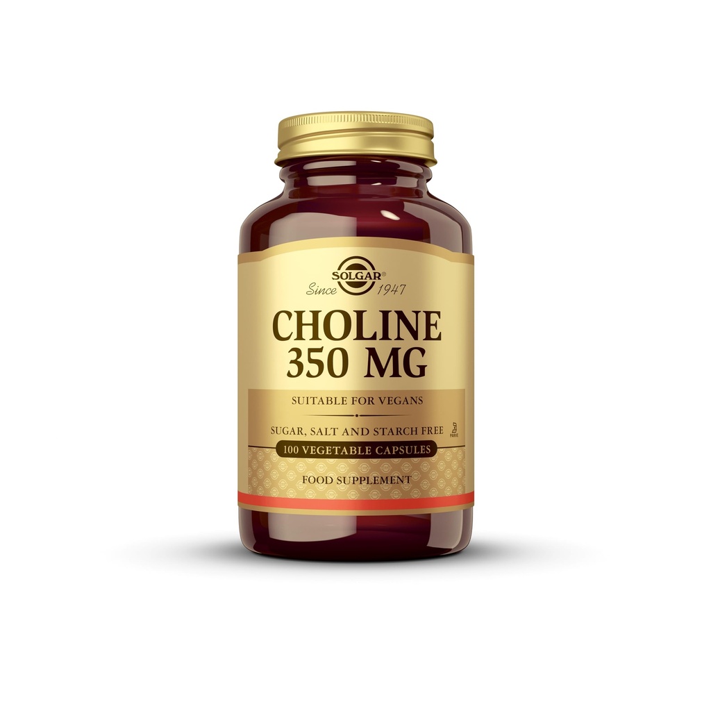 Solgar Choline 350 mg - 100 rastlinných kapsúl, balenie po 2 - Non-GMO, Vegan, Kosher - 200 celkových porcií