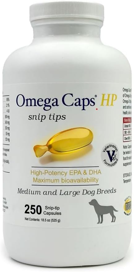 Omega Caps HP Snip Tipy pre stredné a veľké psy High Potency EPA a DHA Maximálna biologická dostupnosť Rybí olej Supplement Vet Formulated Made in USA Skin Coat Joint and Heart Health 250 Kapsule
