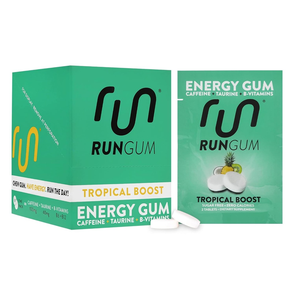 RUN GUM Tropical Boost Energy Chewing Gum 50mg Caffeine Taurine & B-vitamíny Per Piece, 24 Pieces (Pack of 12) Sugar Free, Zero Calorie, No Aspartame, and Gluten Free, 1 ea