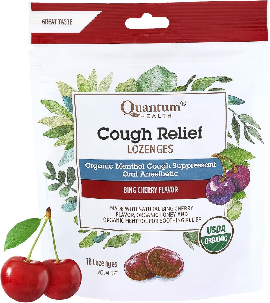 Quantum Health USDA Organic Cough Drops Menthol & Honey Throat Lozenges - Upokojujúce Bing Cherry Ochutené Supresant - Suchá ústna a bolestivá úľava pre dospelých a deti - 18 gróf
