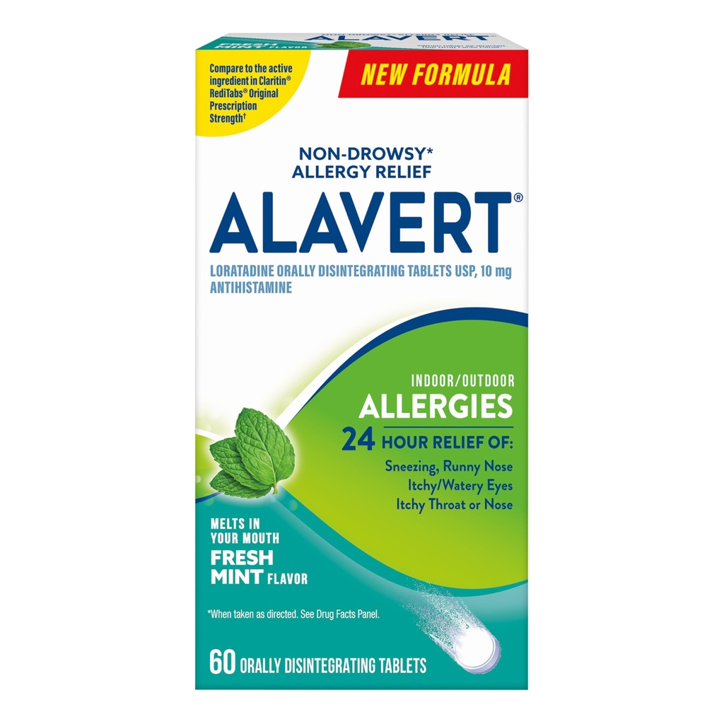 Alavert Alergia 24 hodín Relief, Fresh Mint Flavor, Orally Disintegrating Allergy Tablets, Non-drowsy Antihistaminika, Loratadine 10mg, 60 Počet