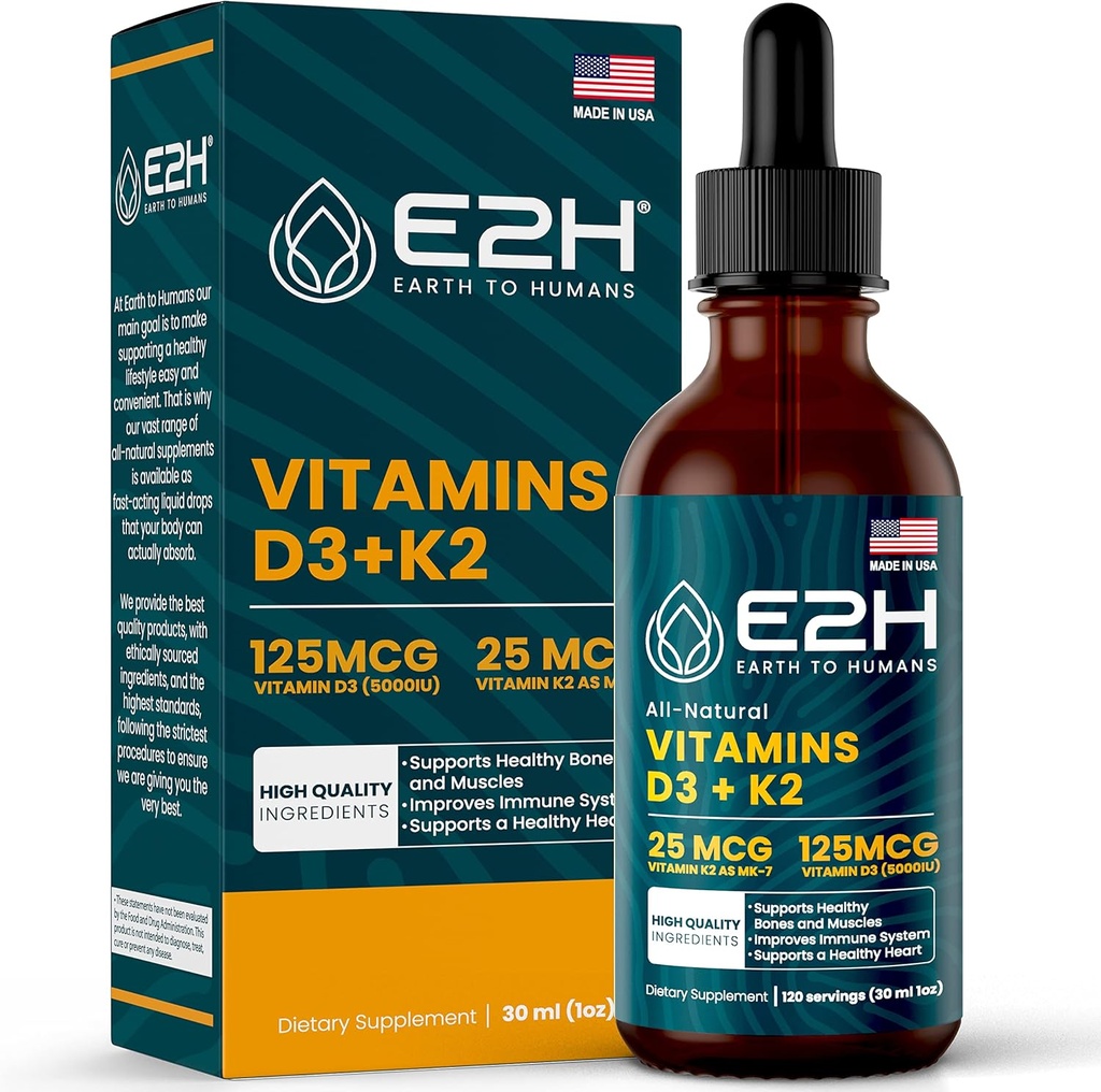 E2H vitamíny D3 & K2 doplnok pre imunitnú podporu - Tekutý vitamín D3 5000 IU - Vyrobené v USA - Non-GMO, Vegan - 120 Servisov