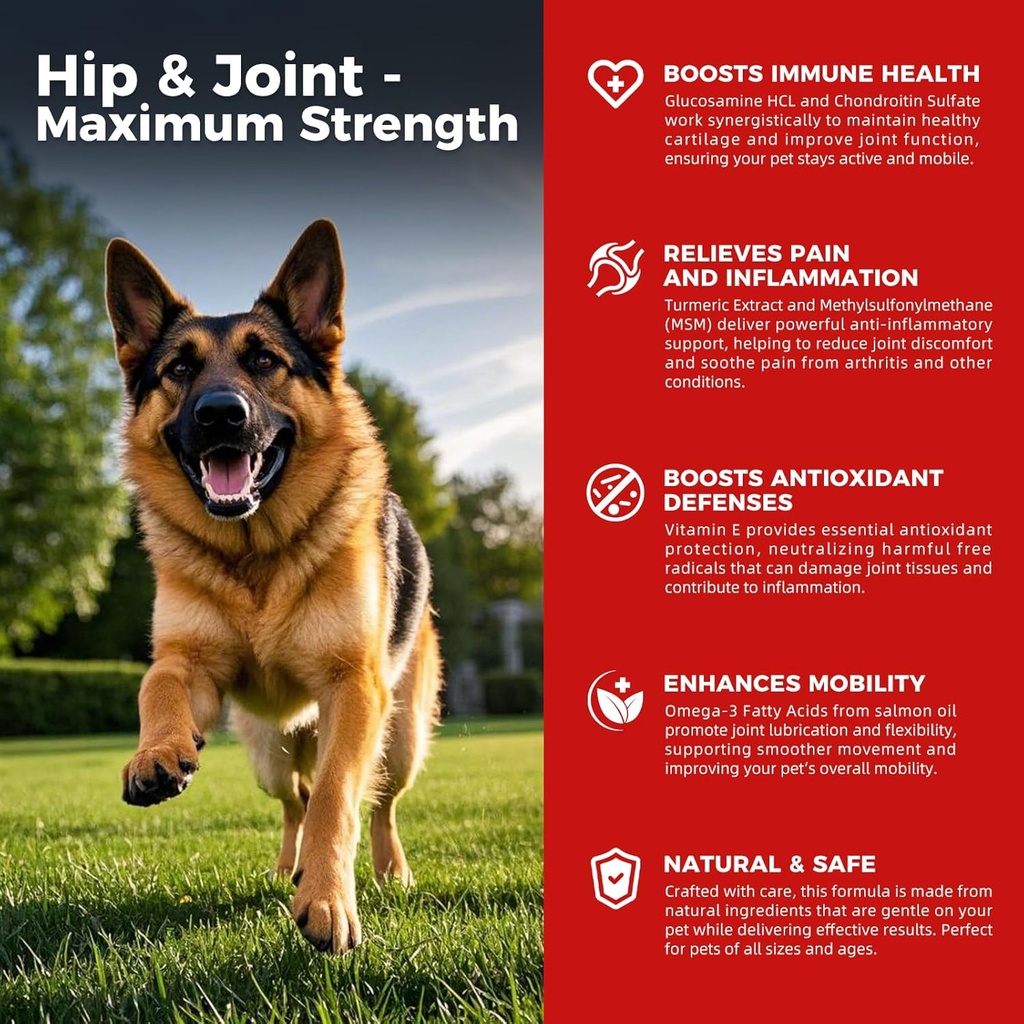 Pes Hip a Joint Supplement - Pes úľava od bolesti proti zápalu s glukozamínom, chondroitín, MSM, kurkuma, vitamín E, Omega 3 - Lieče Hip dysplázia, Artritída - Všetky veľké malé stredné plemeno