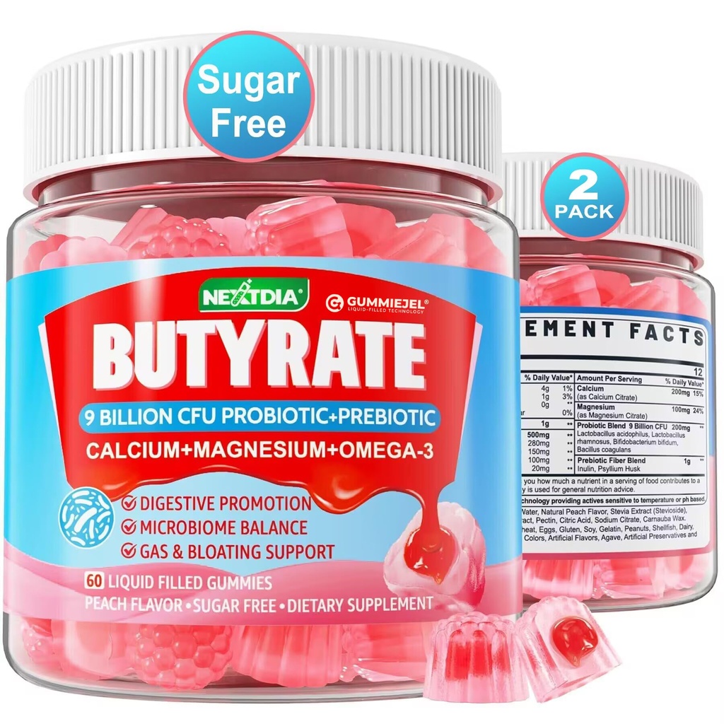 Gumičky Butyrate s probiotikom + Prebiotikom + Postbiotikom, Omega-3 500mg,9 mld. CFU Probiotiká s vlákninou, vápnikom a horčíkom, inulinom, Psyllium Husk pre trávivé zdravie, podpora krvácania, bez cukru
