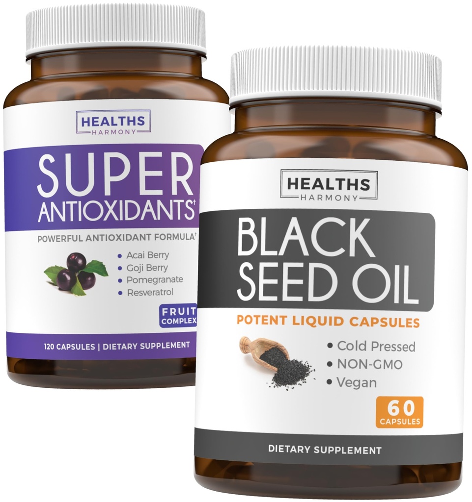 Antioxidanty a čierny olej zo semien (1-Mesačné zásobovanie) Super Antioxidant Supplement with Acai Berry, Goji Berry, Pomegranate & Trans Resveratrol (120 kapsúl) a Black Seed Oil (non-GMO & Vegan) 60 Kapsule