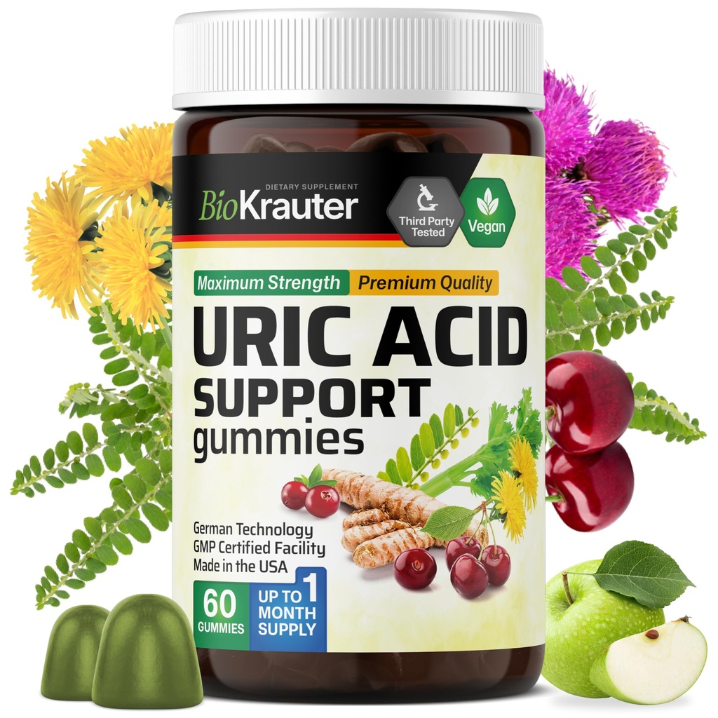 BIO KRAUTER Acid Uric Support Gummies - 60 Vegan Chews - Podpora kyseliny močovej w/Tart Cherry & Chanca Piedra 4:1 Extrakty - Prírodné obličky Supplement w/Milk Thitle and Turmeric
