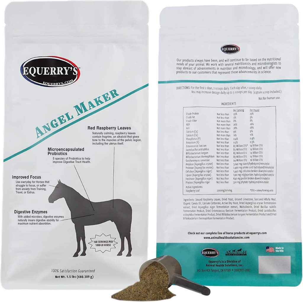Equerry Angel Maker, Malina Leaf, Microencapsulated Probiotiká Supplement for Horse Ulcer liečba a trávenie zdravie Pokoj a zameranie, 1.5lb.