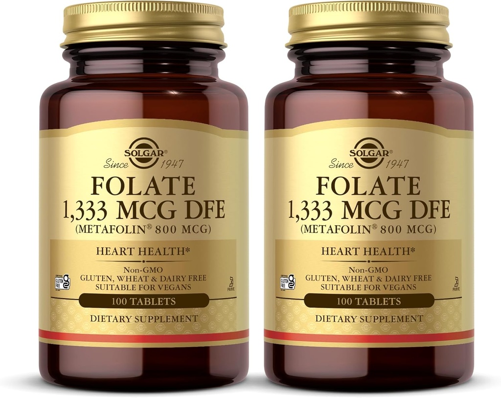 Solgar Folate 1,333 mcg DFE (Metafolin 800 mcg) - 100 tabliet, balenie 2 - prenatálny vitamín - non-GMO, bez lepidla, bez mlieka, Kosher - 200 celkových služieb
