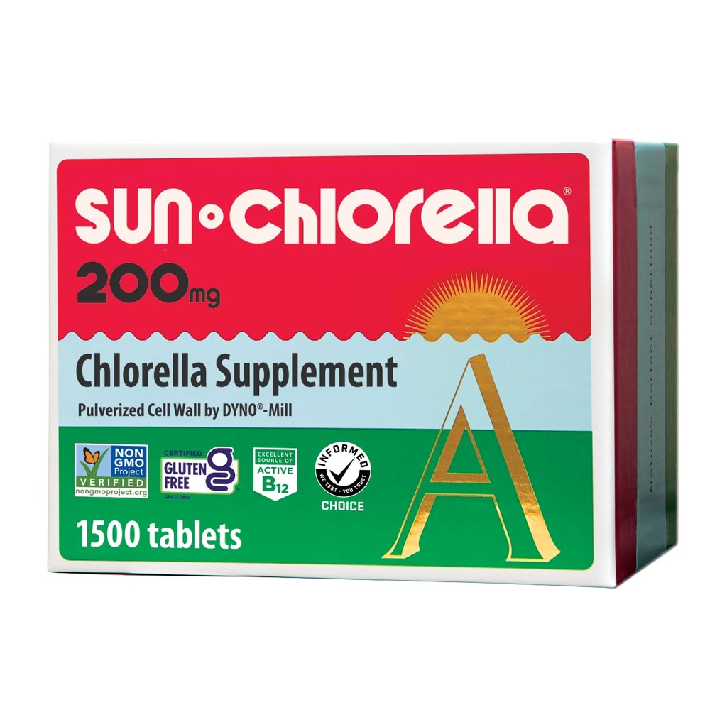 Sun Chlorella 200 mg Green Algae Superfood Supplement - Pulverized Cell Wall - Chlorofyl, CGF, Active B12, Železo, Protein - non-GMO - 1500 Tablety