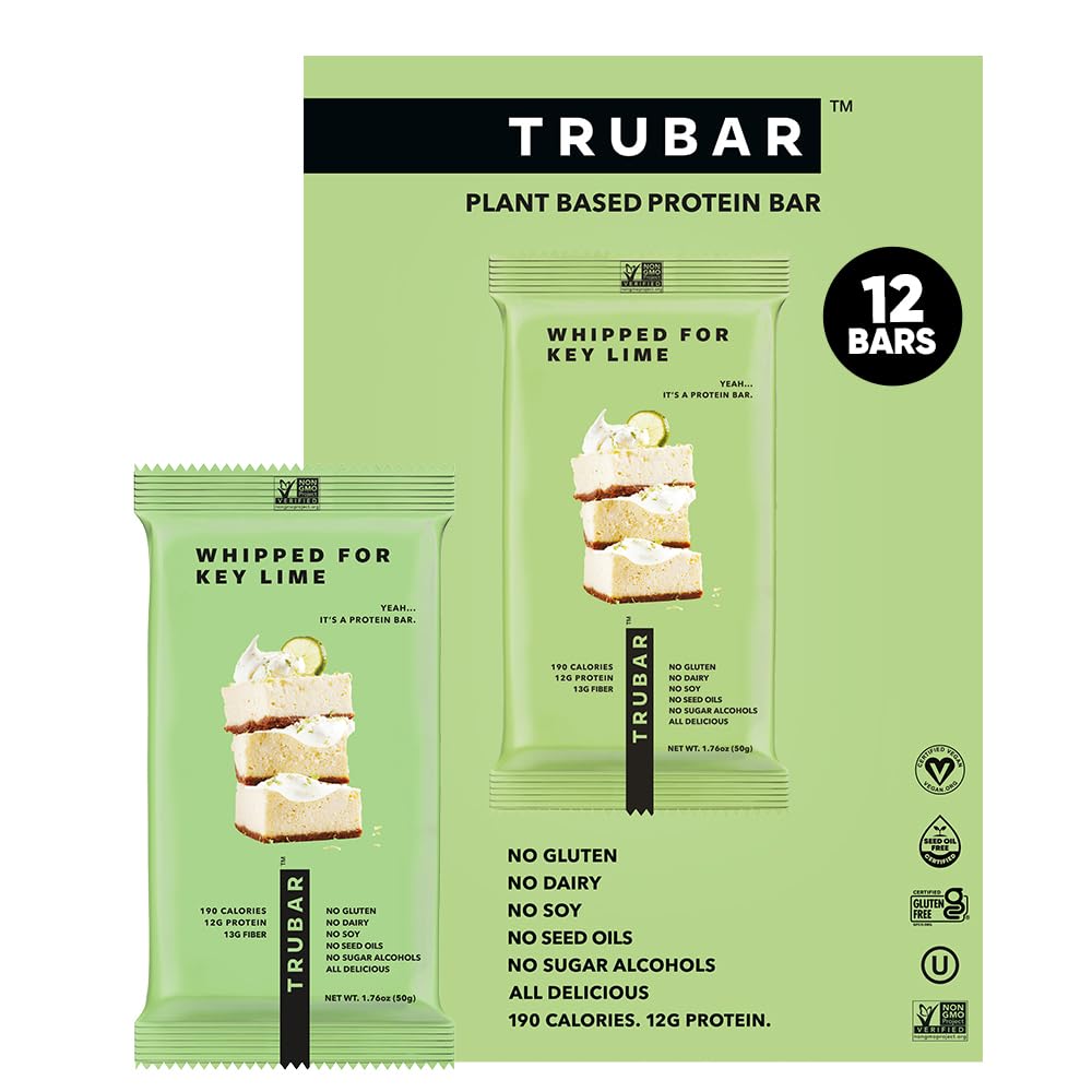 TRUBAR Vegan Protein Bar, Whipped for Key Lime, Gluten Free, Plant Based, High Fiber, Dairy Free, Low Tuk, Non GMO, No Sugar Alkohols, 12G Lean Protein, 13G Fiber, Healthy Snack Bars, 12 CT