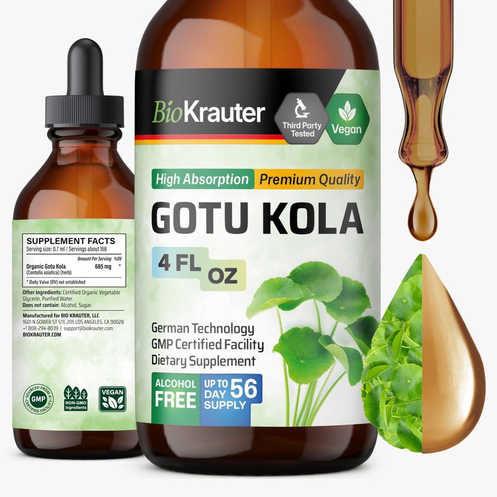 BIO KRAUTER Gotu Kola Tincture - Centella Asiatica Extract - Alkohol a cukor bez Gotu Kola Extract - Vegan kvapky 4 Fl.Oz.
