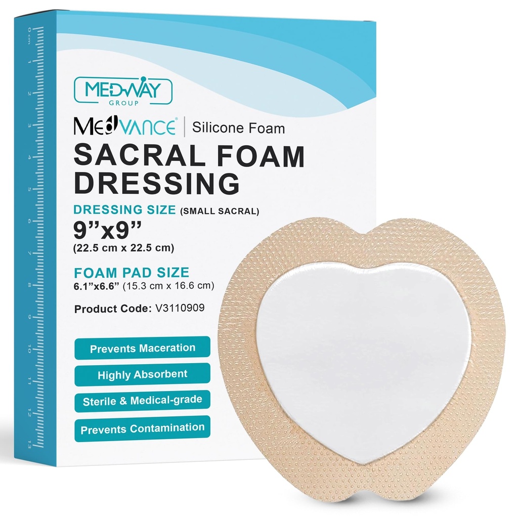 MedVance TM Silicone - Sacral Bordered Silicone Lepiaca pena na ránky prezliekanie, Bed Sore Liečba Bandage pre Sacrum, Veľkosť 9"x 9" (6.1" Pad x 6.6" Pad), Box 5 obväzov