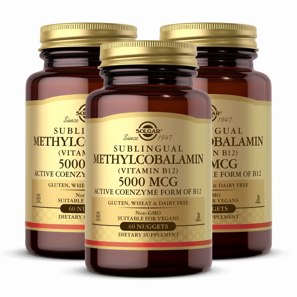 Solgar Metylkobalamín (vitamín B12) 5000 mcg, 60 Nuggets (pack of 3) - Cherry Flavor - podporuje energetický metabolizmus - Body-Ready, Active Form - Non-GMO, Vegan, Gluten Free - 180 Celkom Servings