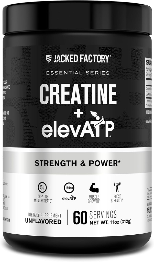 Jacked Factory Creatin + ElevaTP - Kreatín Monohydrát Prášok pre rast svalov, zvýšená sila, Zvýšený energetický výstup, s ElevATP pre trvalú energiu a vytrvalosť - 60 Servírovanie, neochutené