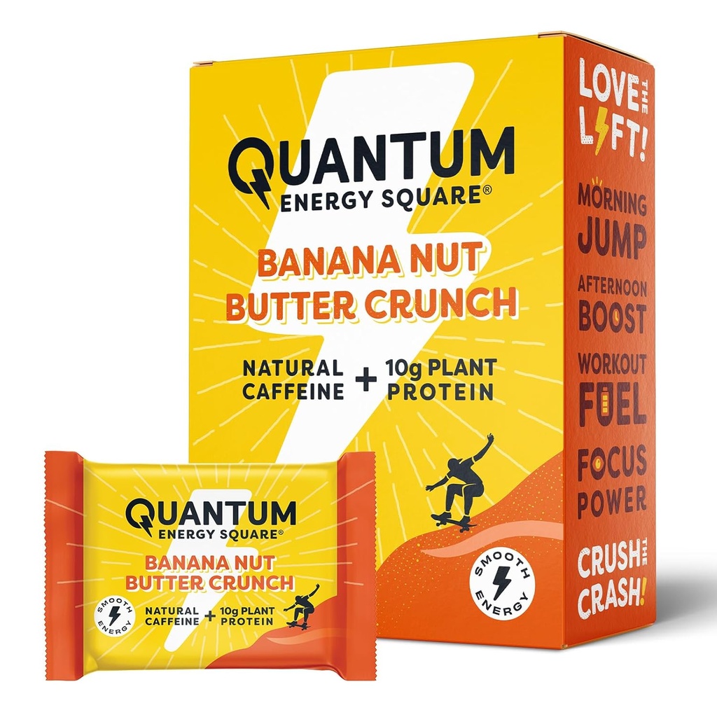 Quantum Energy Square: Energy Bar s kofeínom & 10g Protein. Delicious Healthy Snack On The Go. (Vegan, Gluten-free, Soy-free, Dairy-free) - Banana Nut Butter Crunch 8Pk