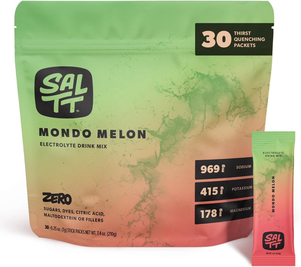 SALTT Electrolytes Powder Flavored Drink Mix - Mondo Melon - 30 Hydration Packets - Magnesium, Potassium, Sodium, Trace Minerals - Zero Sugar & Gluten Free - Travel Essentials
