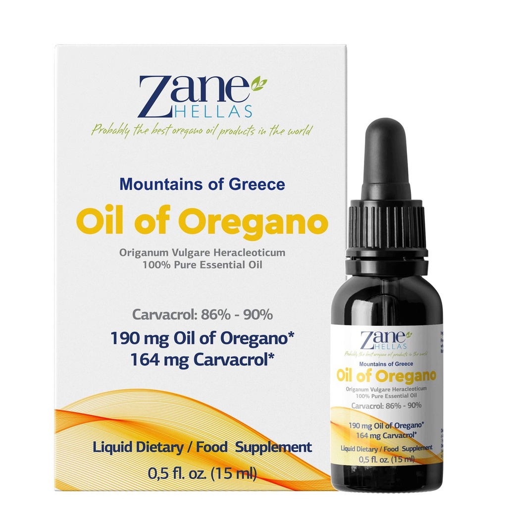 Zane Hellas 190 mg Oregano Oil-164 mg Carvatrol per Serving-4 Drops Daily. 100% grécky neriedený olej Oregano. 86% - 90% Min Carvatrol. Pravdepodobne najlepší Oregano olej na svete. 0,5 fl. oz. - 15ml.
