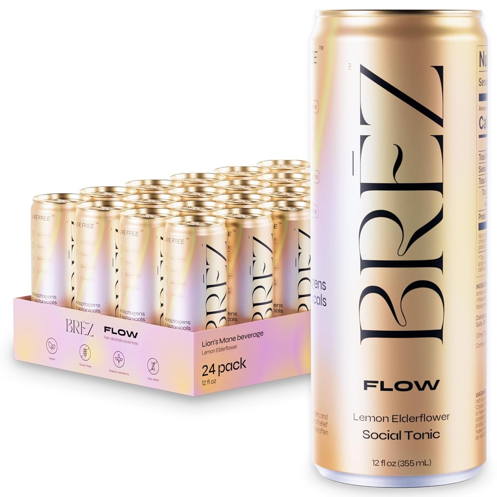 BREZ FLOW Lion a Mane Mushrom Drink, 24-pack, non-Infunded, Adaptogens, Reliefing, Uplifting, and Social, Sparkling Lemon Elderflower Tonic 12 Fl oz