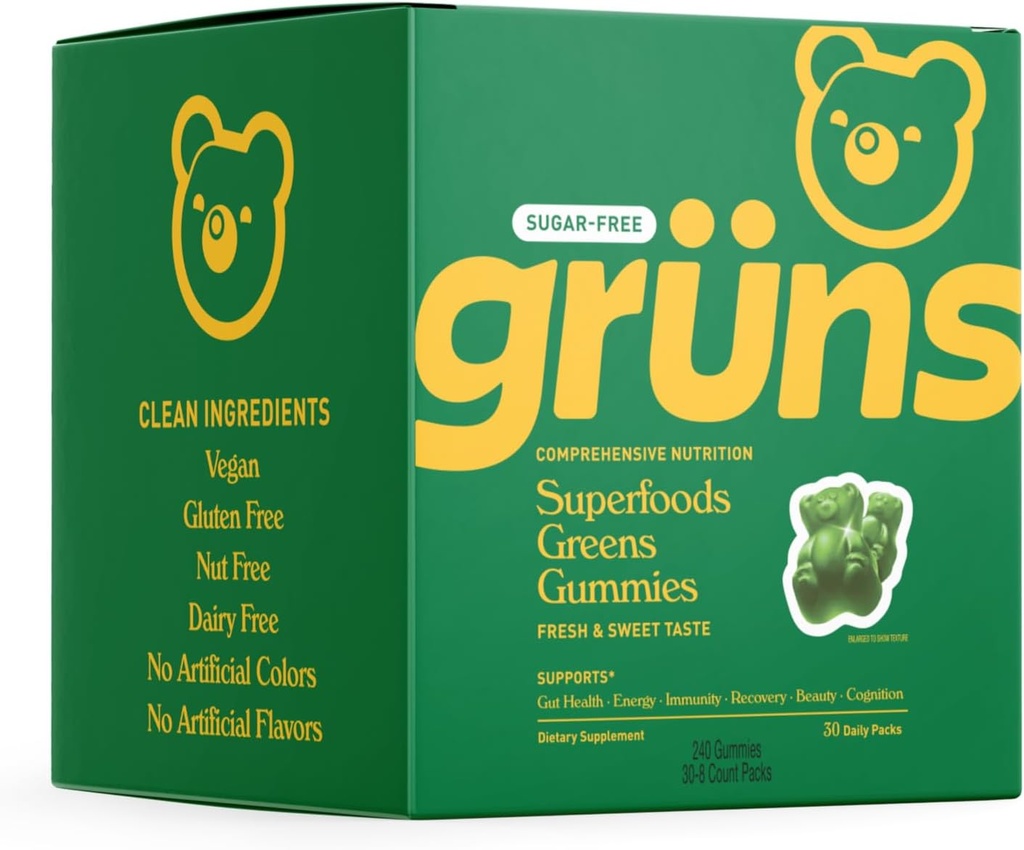Gruns Sugar Free Super Greens Gummy Bears - Organic Spirulina a Chlorella, Prebiotiká pre trávne zdravie, 20+ Vitamíny a minerály, Adaptogény - 30 vreciek - 240 Gumímies