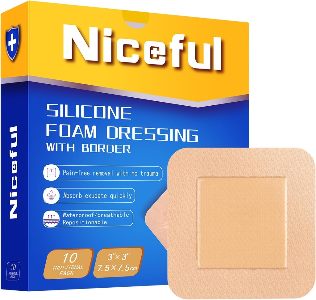Silikónová pena oblečenia 3x3 v (7,5x7.5cm), vysoká absorbencia postieľky Bandage Rany Starostlivosť o rany obliekanie, vodeodolné silikónové pásy pre citlivé kožné rán starostlivosti [10 ks]