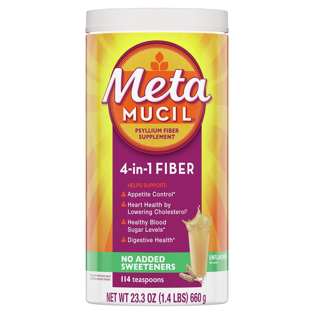 Metamucil, Psyllium Husk Powder, unflaved with Nodded Sweeners, 114 Servenings, 4-in-1 Fiber Supplement, Daily Psyllium Husk Fiber Powder Help Support Tráviace zdravie podporou pravidelnosti