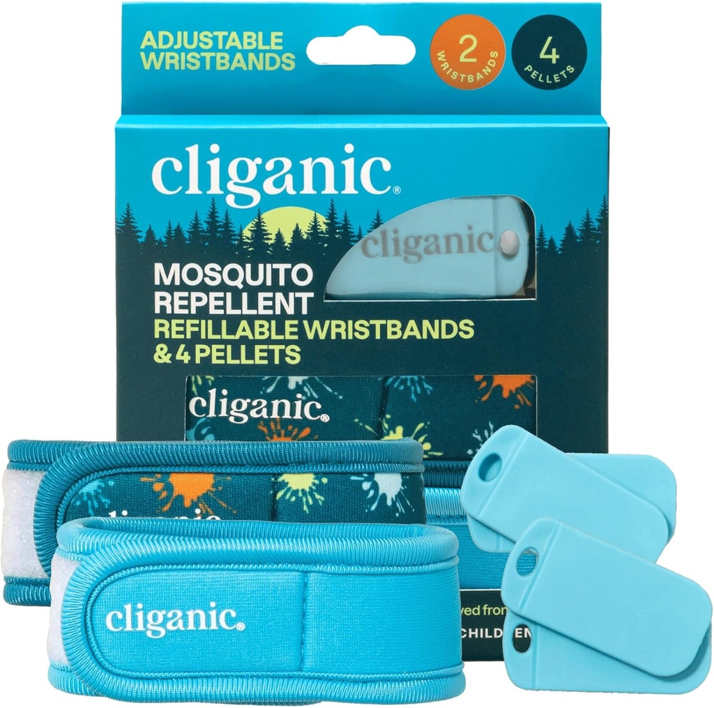 Cliganic Mosquito Repelent Pack (2 pruhy + 4 znovu naplniť Pelety) - Nastaviteľné, Natural DEET-free, Essential Oil Infundovaný