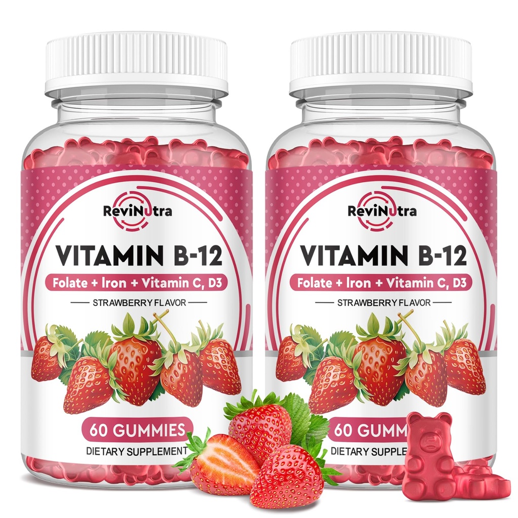 Vitamín B12 Komplex Gummy - 5000 mcg Metylkobalamín so železom, vitamínom C, D3 a folátom, Energetická podpora a metabolizmus, Immune, B-12 Žuvacie doplnky pre mužov a ženy, Jahodová aróma, 2 balenia