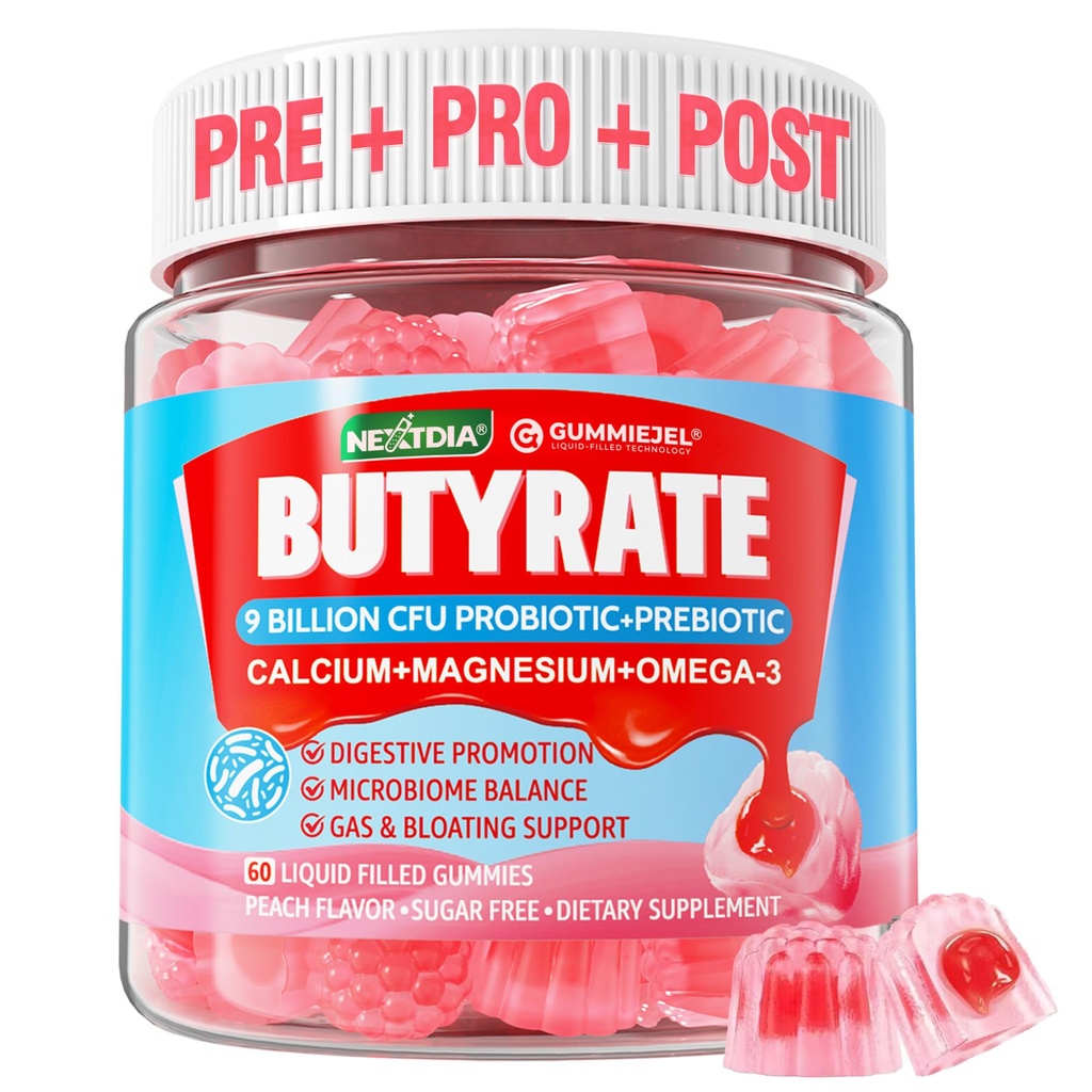 Gumičky s probiotikom + Prebiotikom + Postbiotikom, Omega-3 500mg, Fiber s 9 miliardami CFU Probiotiká, vápnik a horčík, Inulin, Psyllium Husk pre trávne zdravie, Bloating Support,Cugar Free