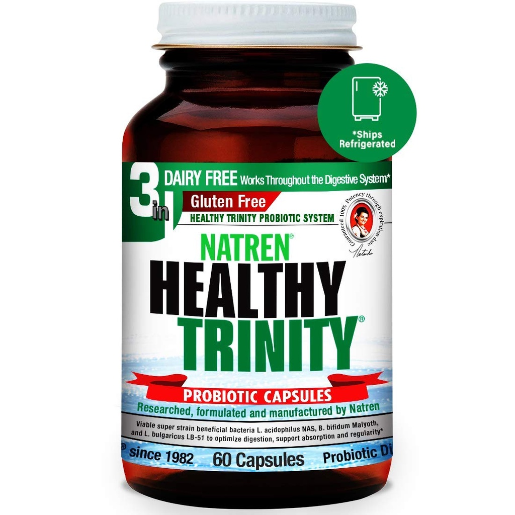 Natren Healthy Trinity Probiotiká Supplement - 60 Dairy and Gluten Free Gel Capsules - Improve Gut and Digestive Health, - 30 miliárd CFU - Lactobacillus Acidophilus, Bifidobacterium, Bulgaricus