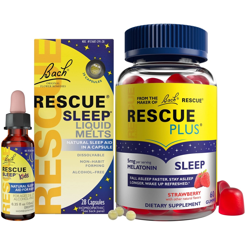 Rescue Nočný spánok Bundle, 3Pk - Bach Sleep Kids Dropper, 10ml Sleep Liquid Melts, 28Ct Plus Sleep Gummies s 5mg Melatonin/dávka, 60Ct