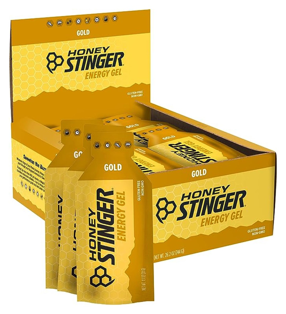 Honey Stinger Gold Energy Gel, lepok zadarmo & kofeín, pre cvičenie, beh a výkon, športové výživa pre domáce & Gym, Pre a stredné cvičenie, 24 balenie, 26.4 Ounce