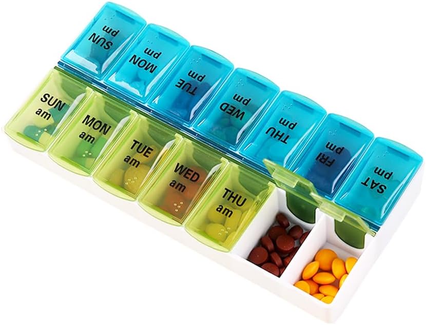 Týždenný pilulky Organizátor Dispenser, 2 krát denne, One-Side Open pilulky box 7 deň Medicína Plánovač pre jednoduché naplnenie, AM PM pilulky Prípad pre vitamíny, lieky, Doplnky, Rybie oleje, Modrá + Zelená