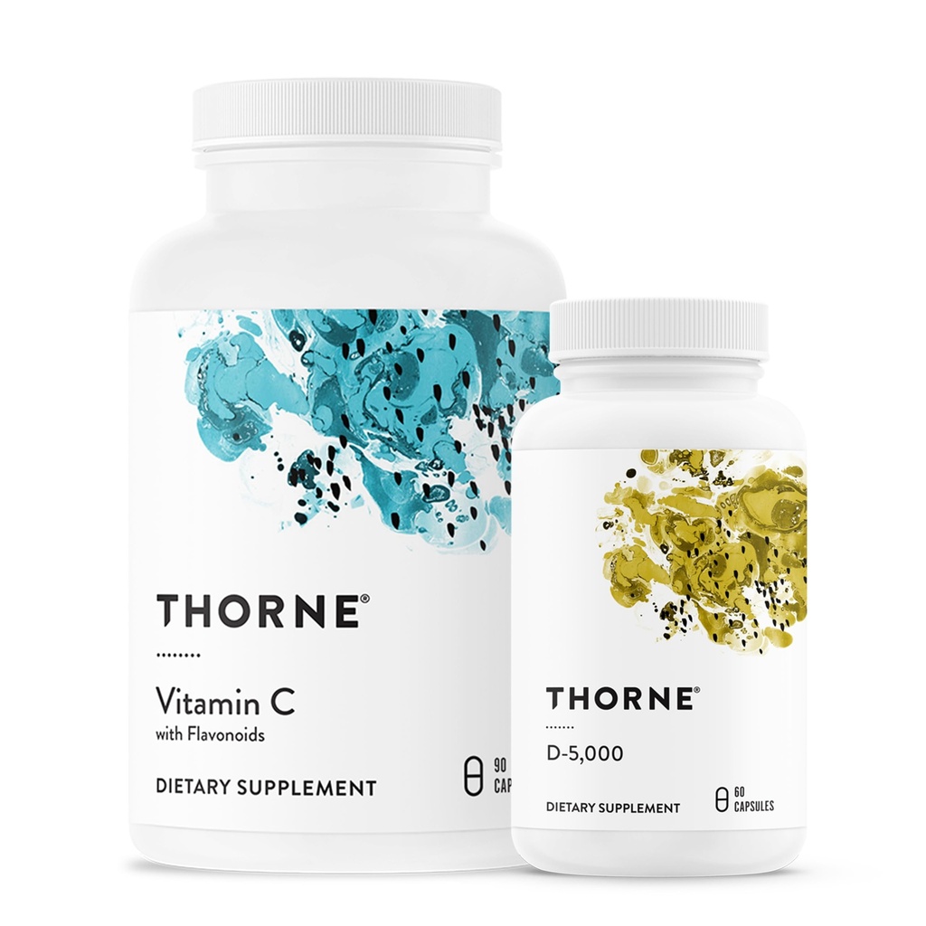 THORNE - Essential Vitamins Bundle: Vitamín C & D-5000 Complex - Immune, Bone Health, and Energy Support - 60 až 90 Servings