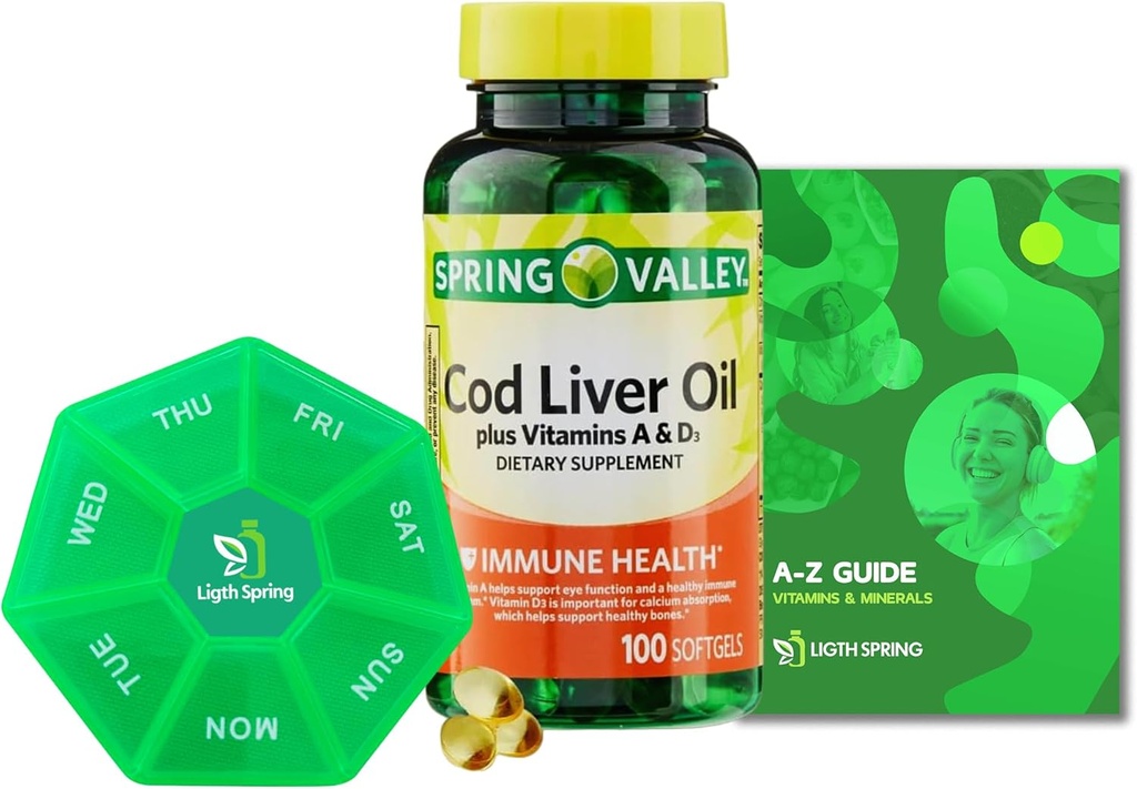 Jar Valley Cod Liver Oil Plus Vitamíny A a D3, 100 softgels, Podpora funkcie očí a zdravý, Bundle s vitamínmi a minerálmi Ligth & Spring Guide