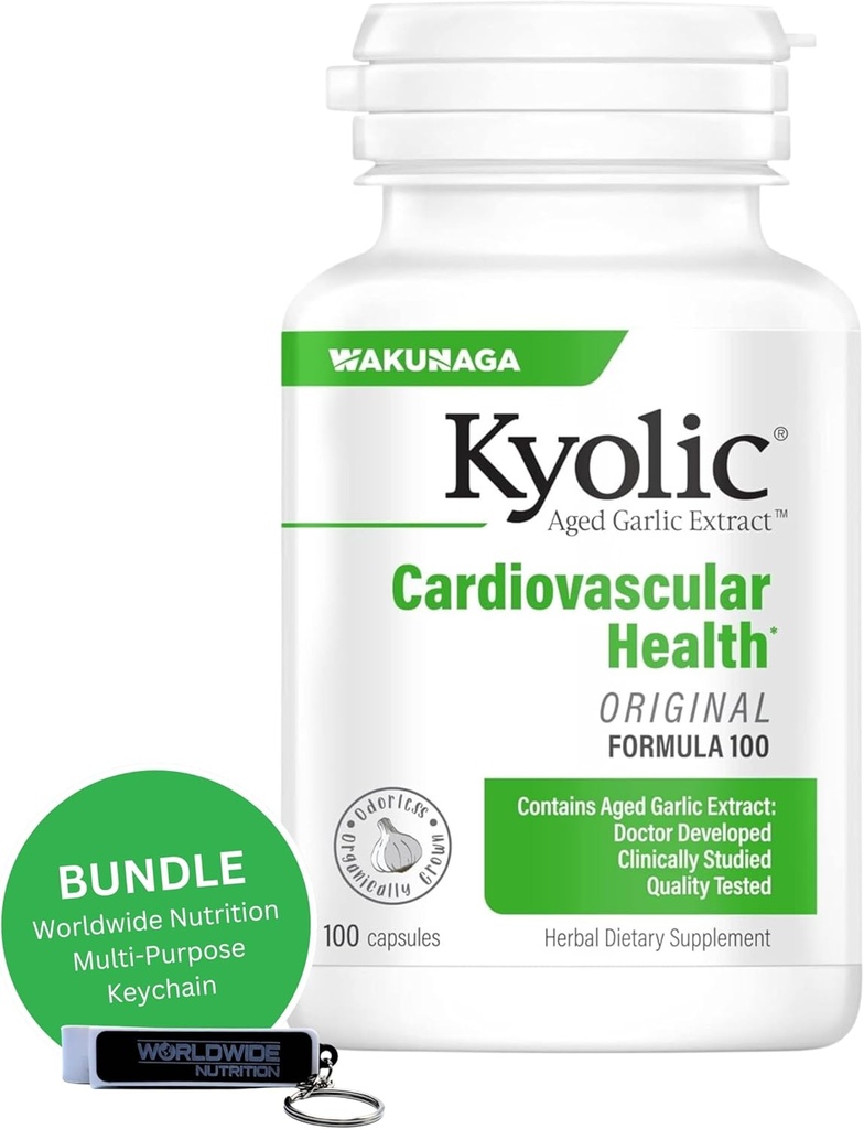 Celosvetová výživa Bundle: Kyolic Aged Cesnakový extrakt Formula 100, Originálne Kardiovaskulárne, 100 Kapsule a Multi-Purpose Key Chain (Backaging May Vary)