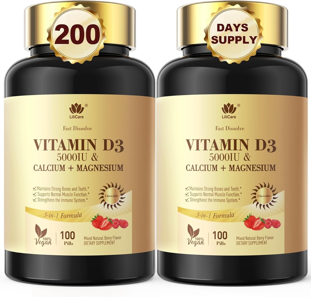 Rýchlo rozpustite vitamín D3 5000IU s vápnikom a horčíkom - pre rýchle výživné absorpčno-cukorové žuvacie doplnky pre kosť sily, zuby, svalovinu, imunitné zdravie, 200 rýchle roztopené tablety