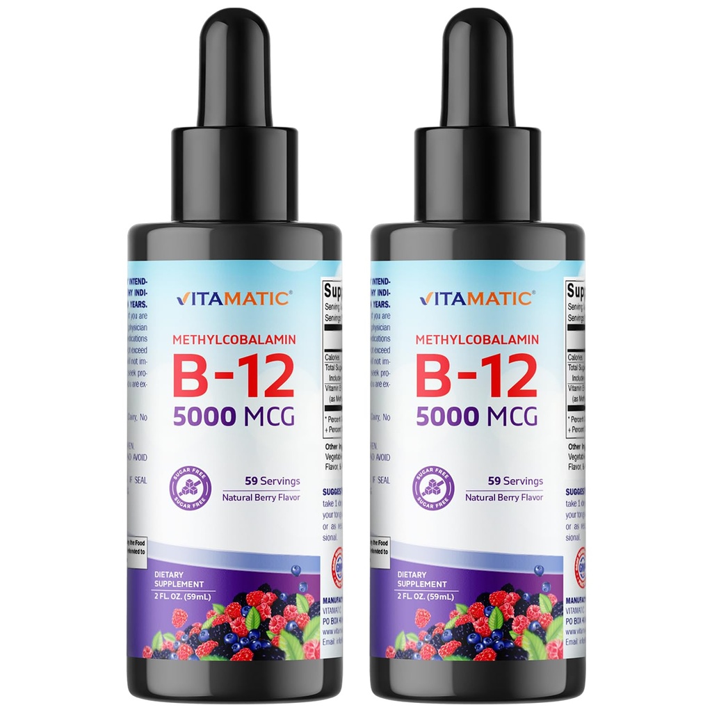 Vitamatic 2 Balíčky Fast Acting Liquid Vitamín B12 5000 mcg (Metylkobalamín) - Natural Berry Flavor - Sublingválne doplnok - Rýchlejšia absorpcia - 2 OZ