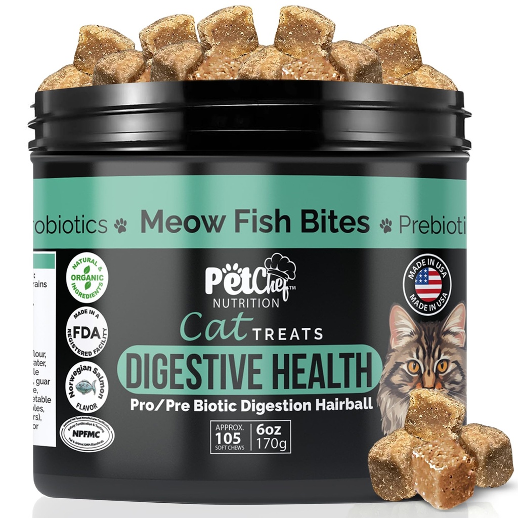 Pet Chef Meow Bites: Premium Pro & Prebiotic Digestion Cat Treats - Zlepšiť trávenie - Lepší tan Fortiflora Probiotiká pre mačky - zastaví Cat Vracanie Všetky vekové kategórie