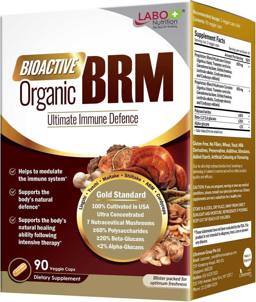 LABO Nutrition Bioactive Organic BRM - Advanced Immune Support & Maintensive Natural Killer Cell Activity; 6 Terapeutické huby Lingzhi, Yunzhi, Maitake, Shiitake, Agaricus Blazei Murill & Cordyceps
