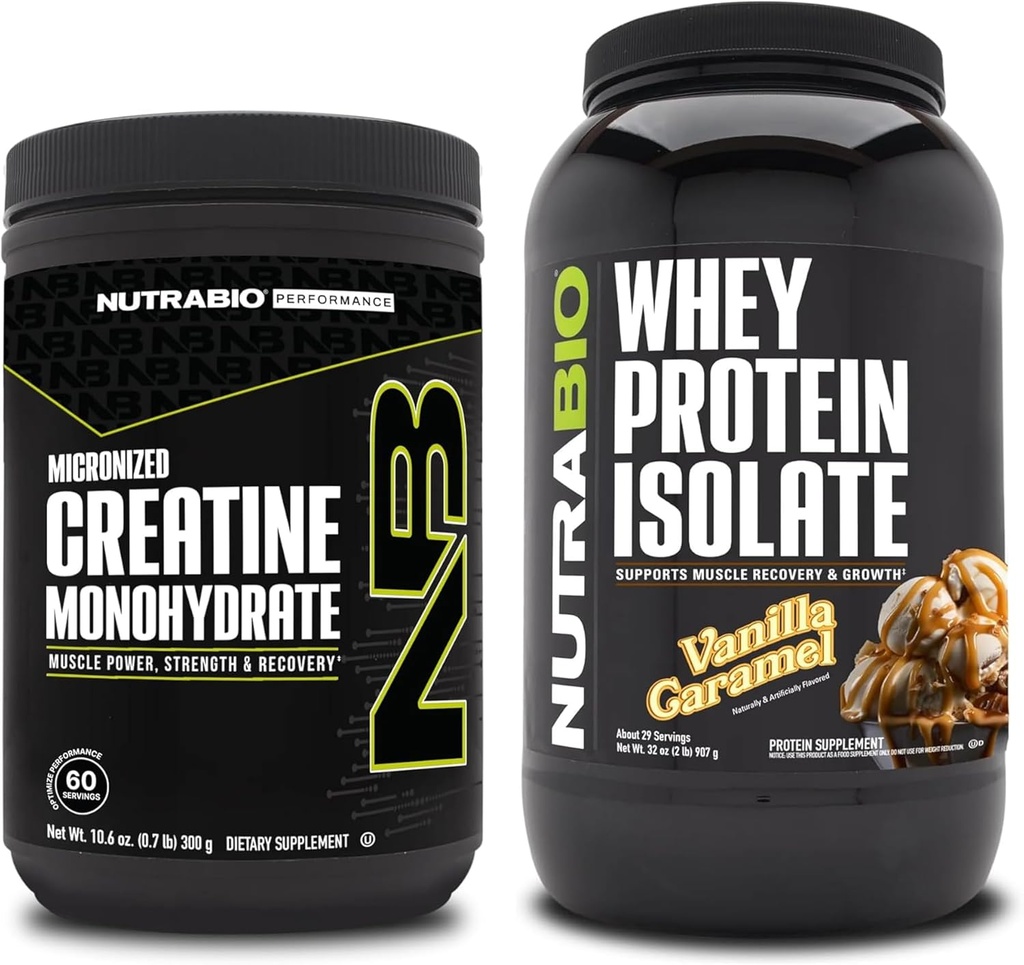 NutraBio Creatin Monohydrát, Neochutené, 300g a srsť proteín izolát, Vanilla Caramel, doplnok Bundle - svalová energia, Lean svalového rastu, zotavenie, a sila