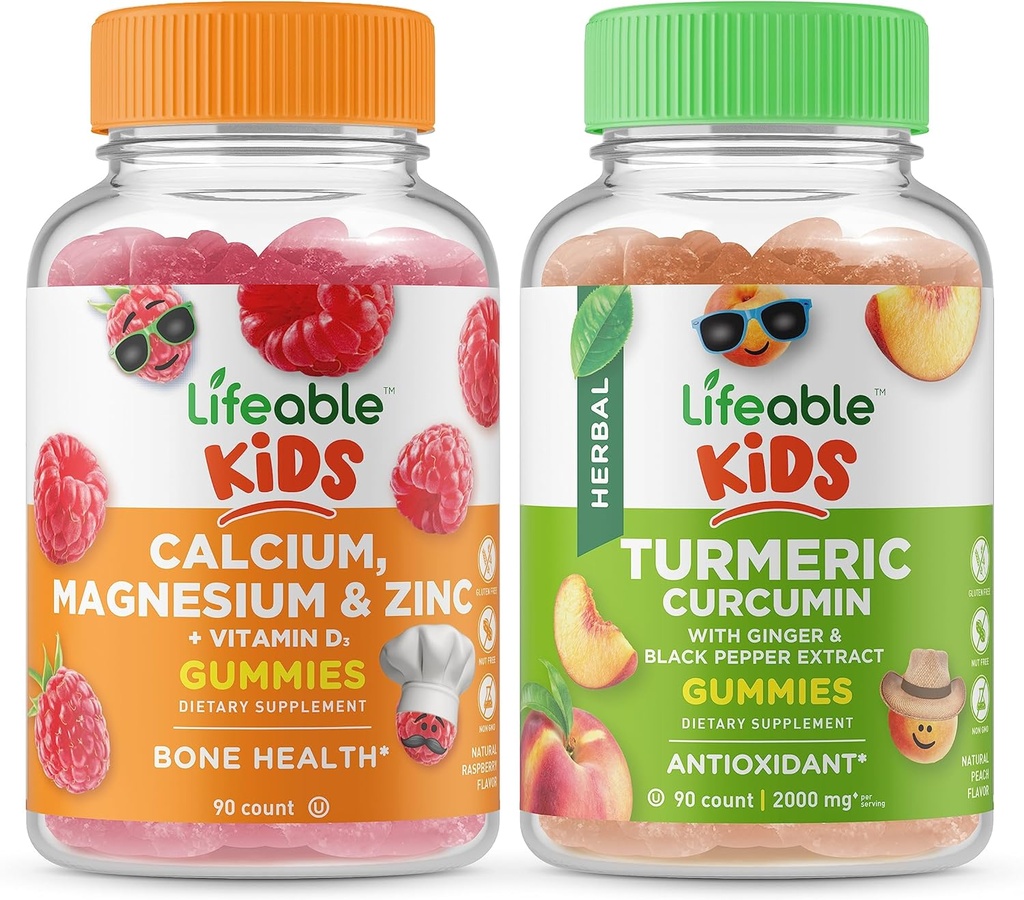 Životaschopné kalcium Magnézium a zinok Deti + Turmeric Curcumin Kids, Gummies Bundle - Veľká ochutnávka, Vitamín Supplement, bez lepku, bez GMO, Žuvacia Gummy