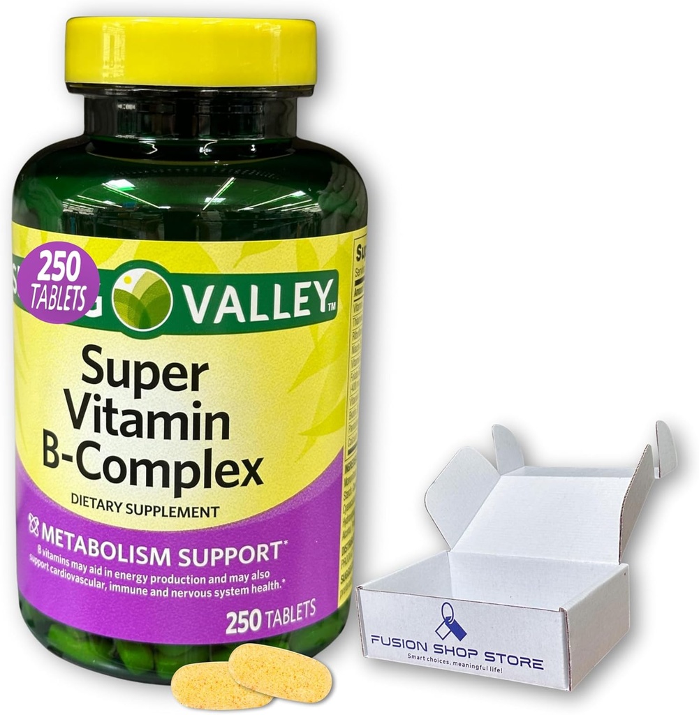 Super vitamín B komplex Jarné Valley- Tablety 250 Gróf zmes B6 B12 C-tiamín biotín folátová kyselina pantoténová a riboflavín, boxovaná firmou Fusion Shop Store