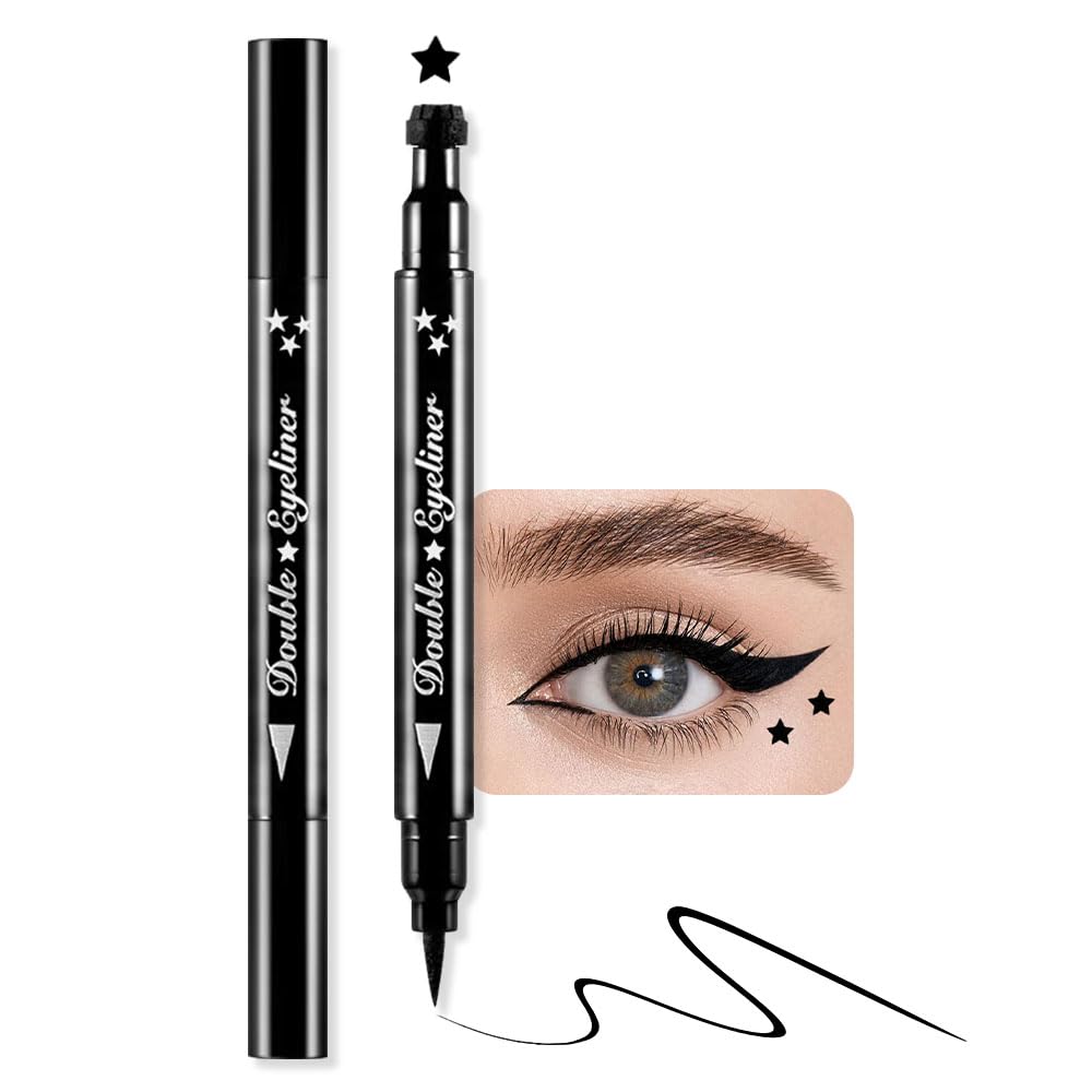 BINGBRUSH Double-head Liquid Star Očné linky pečiatky Ceruzka, Farby Kvety Srdce Mesiac tvary Tvárové pečiatky Make-up Farbistý vodeodolný gél Felt Tip High Pigment Liquid Očné linky (01#Star&Black)