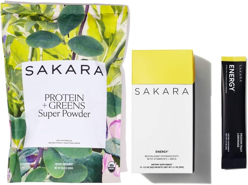 SAKARA Protein + Greens Super Powder & Energy Effervescent - Organic Protein Powder & Greens Powder, Rafinovaný Powder Bez obsahu cukru Elektrolytes