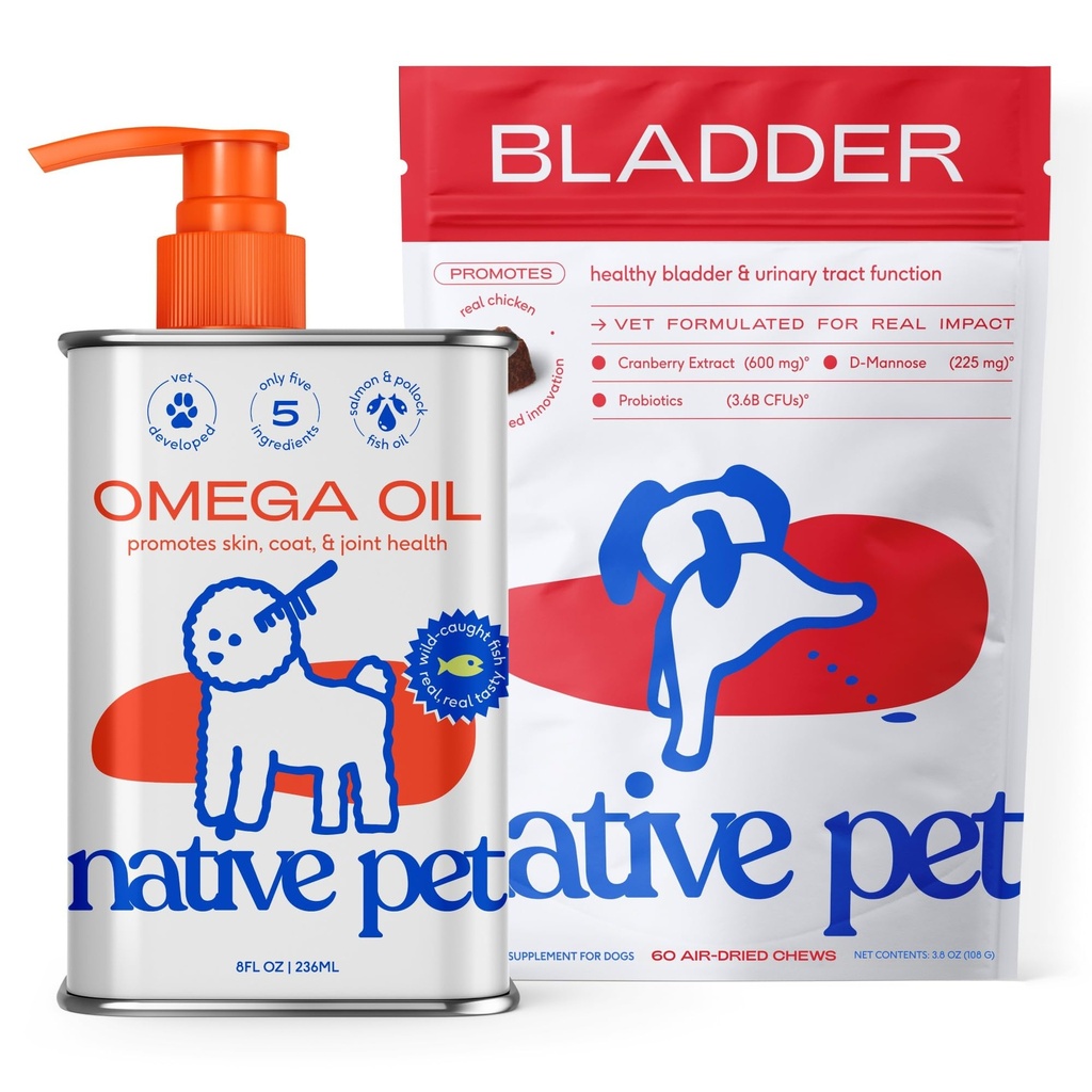 Native Pet Dog UTI Liečba cez Counter & Fish Oil pre psy na podporu svrbenie kože + Mobilita 60 Chews & 8 Oz