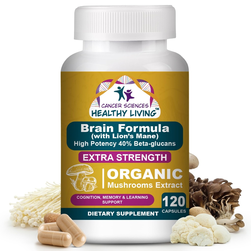 Cancer Sciences Brain Doplnky pre pamäť a zaostrenie - 1500mg Mozog Zdravie Huba Supplement pre dospelých a seniorov - Vysoká potencia 40% Beta-Glukány pre Immune Support & Vitamíny, 120 Kapsule